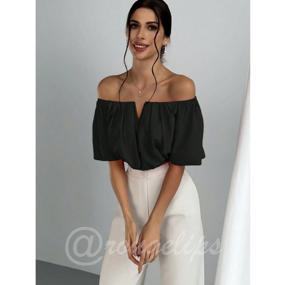 Black Cropped Off Shoulder Top Pleated Puff V-Bone - Picture 6 of 7